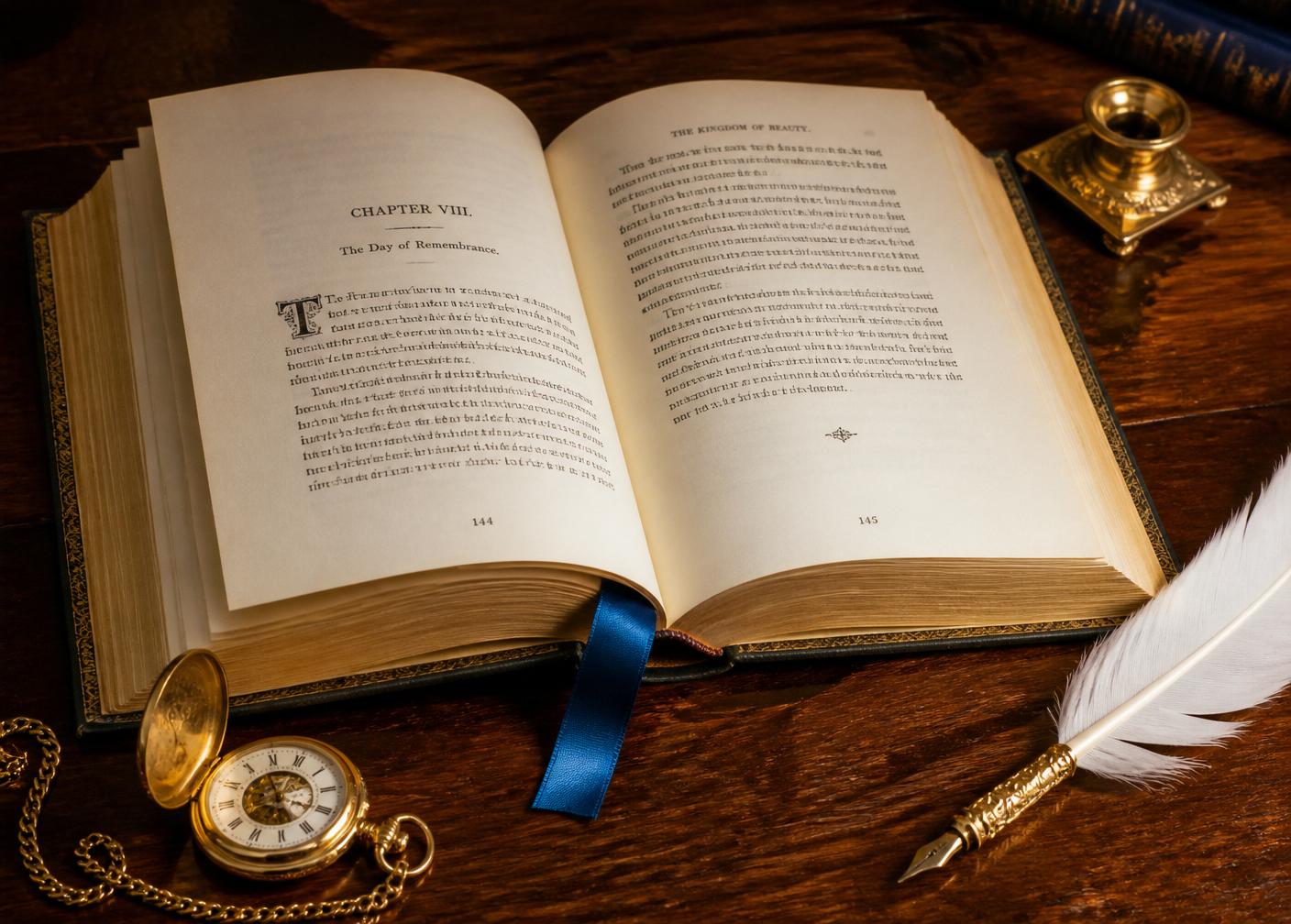 Open book with quill, pocket watch, and sapphire ribbon