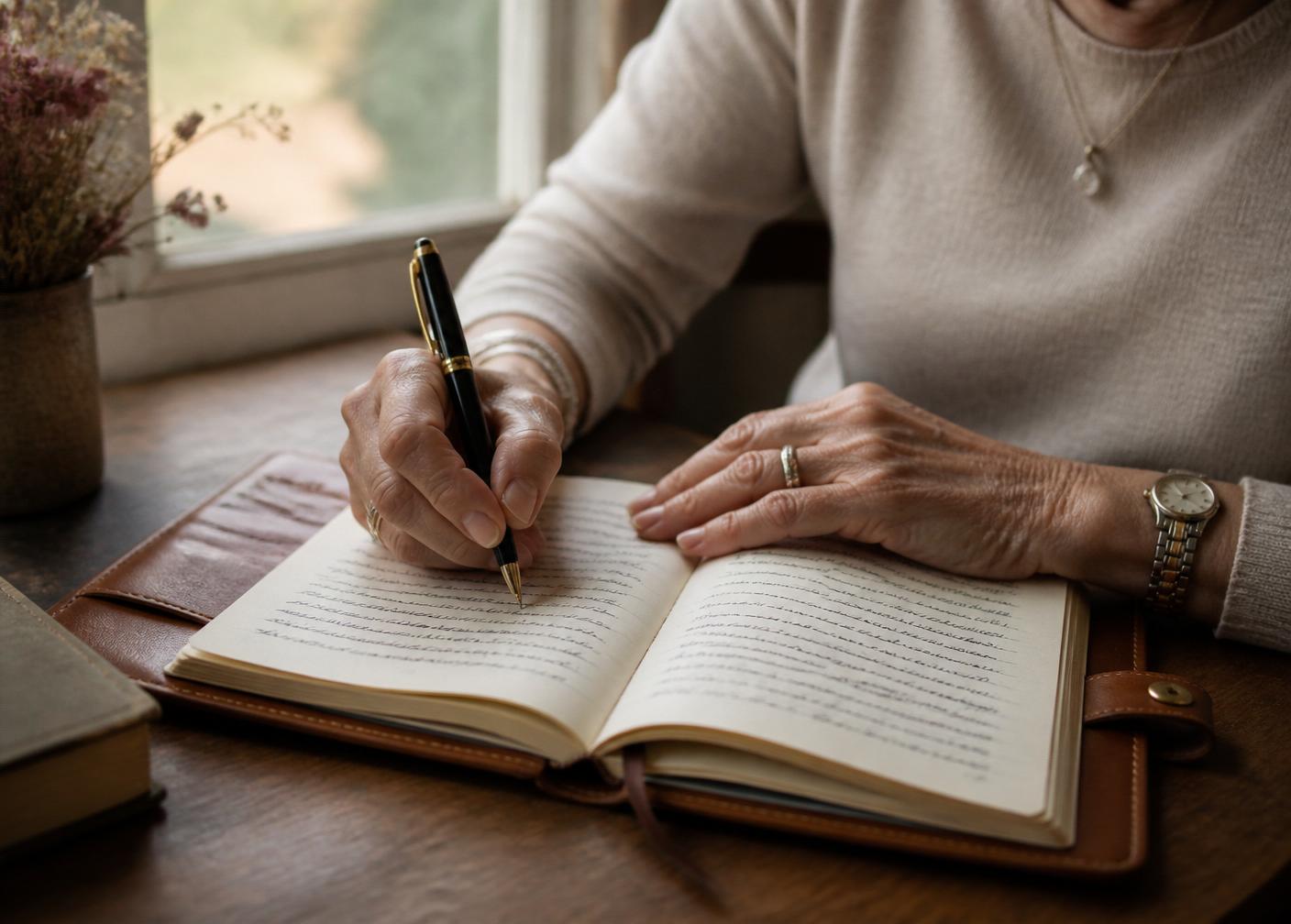 Older person writing in a leather memoir journal