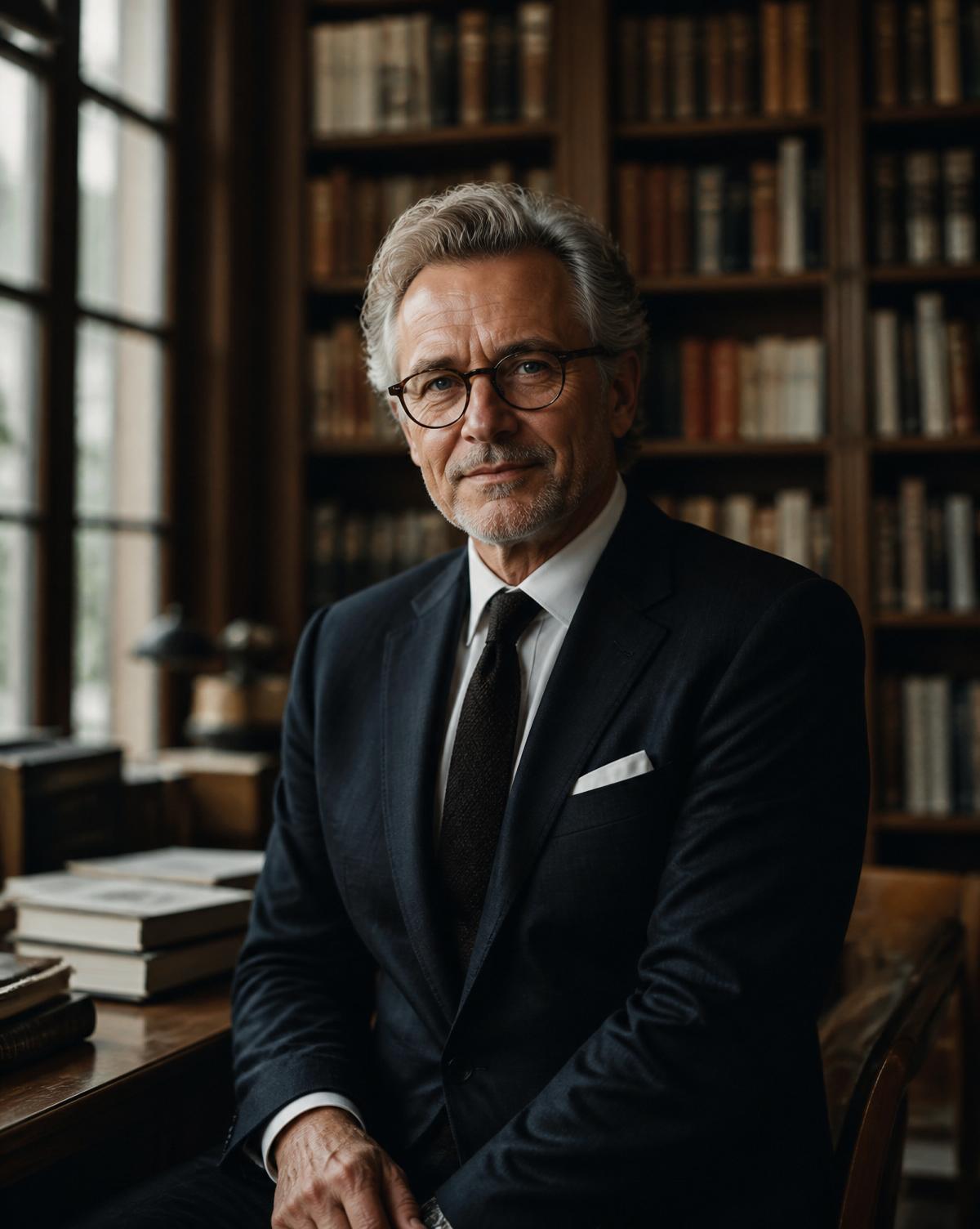 Portrait of the Saphyre publisher in a library